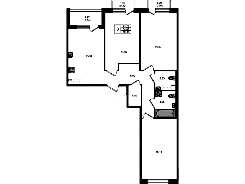 3-комнатная квартира 74.06 м², 5/5 эт., ЖК «Plus Пулковский»